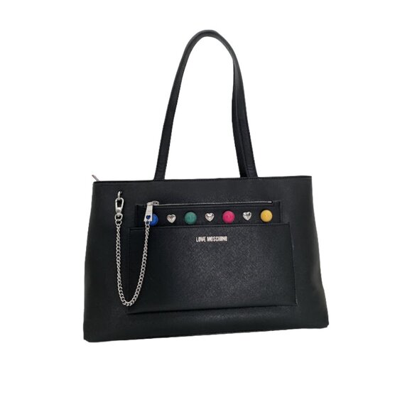 Love Moschino Handbags - Love Moschino Multicolor Hearts Chain Vegan Black Leather Shoulder bag